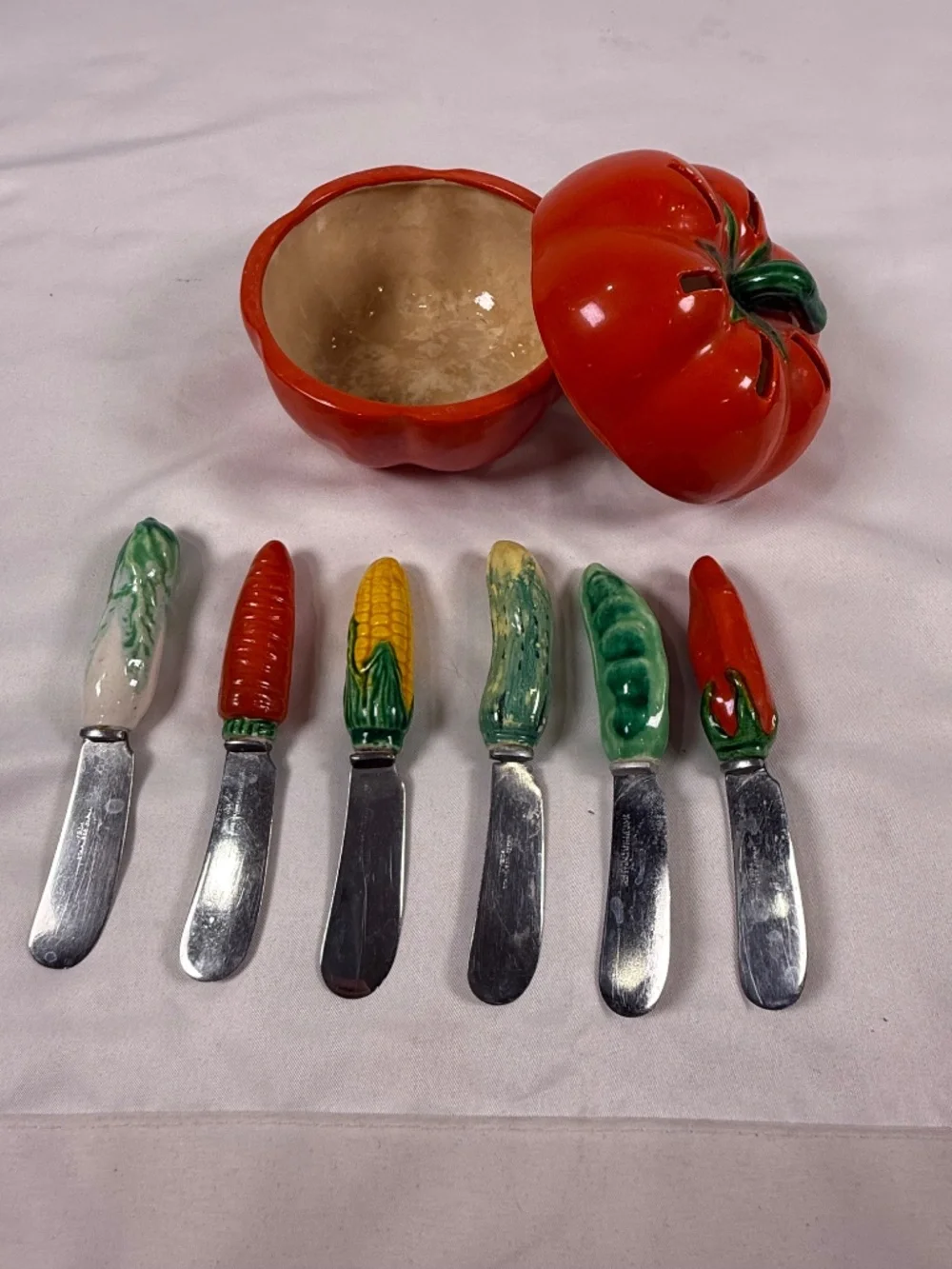 Vintage Maruhon Ware Tomato Utensil Holder 6 Vegetable Knives Japan